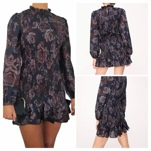 Zara Women's M Smocked Mini‎ Dress Ruffle Hem Dark Floral Print Feminine Goth